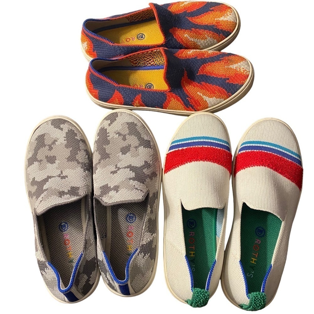 Bundle of kids’ Rothy’s slip on sneakers- gray camo, red stripe, and flame